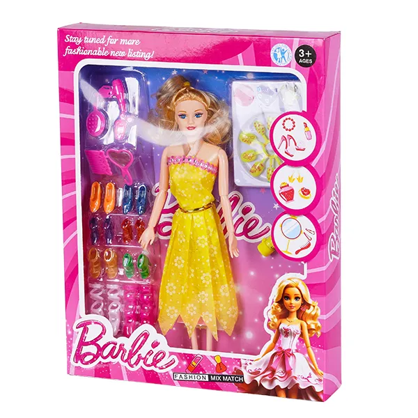 عروسک باربی مفصلی لباس زرد