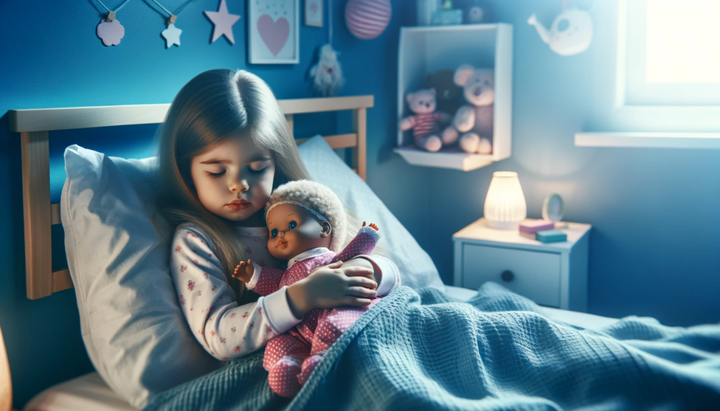 دختر بچه در حال خواباندن عروسک