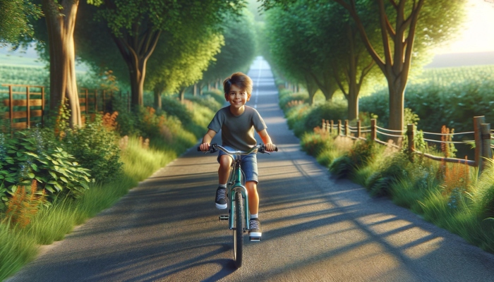 پسر بچه در حال ذوچرخه سواری در جاده جنگلی