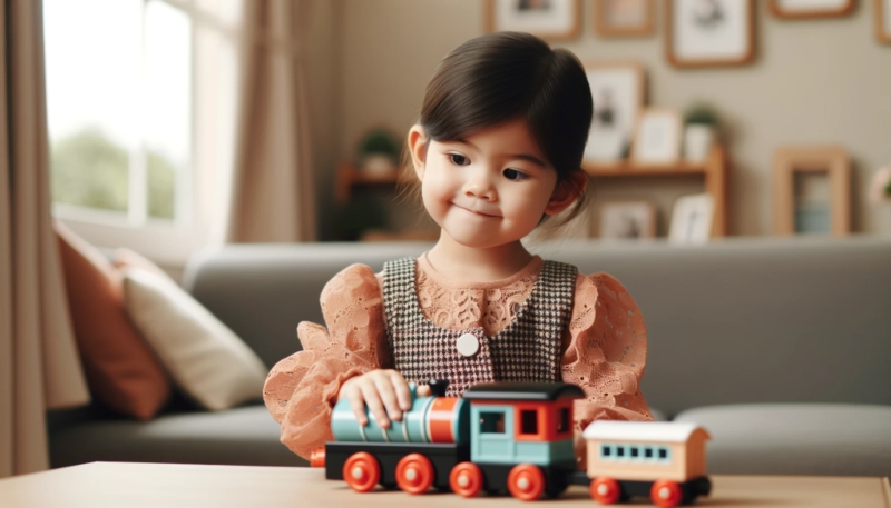 دختربچه شاد در حال بازی با قطار اسباب بازی