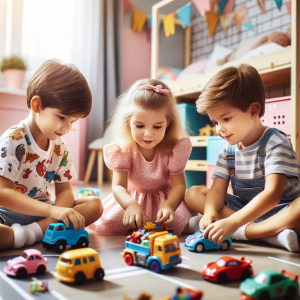 سه کودک در حال بازی با ماشین اسباب بازی