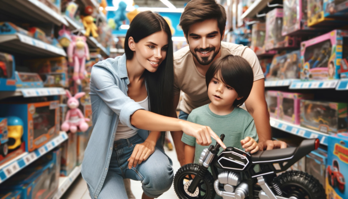 یک خانواده در حال خرید موتور اسباب بازی
