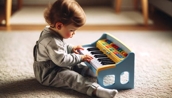 کودک نوپا در حال نواختن پیانو اسباب بازی