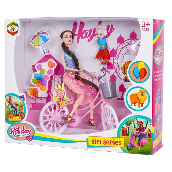 عروسک باربی با دوچرخه دامن صورتی