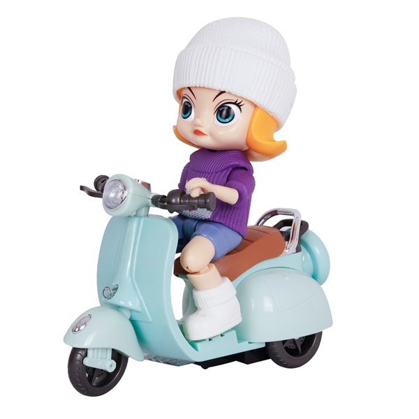 عروسک دختر موتور سوار موزیکال آبی از زاویه کناری