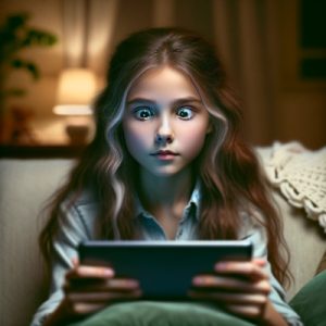 دختر بچه هیجان زده در حال بازی با تب لت